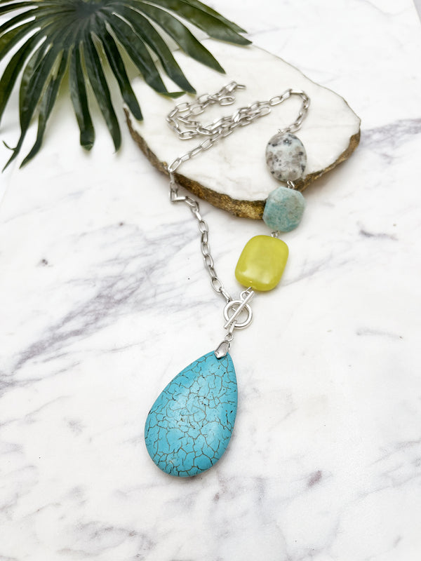 asymmetrical pendant necklace - turquoise magnesite and lemon jade