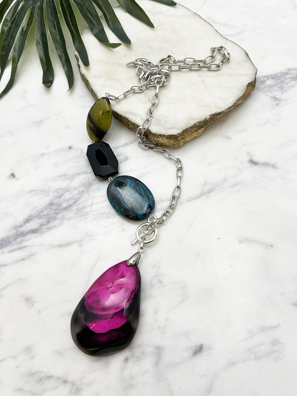 asymmetrical pendant necklace - fuchsia and black agate