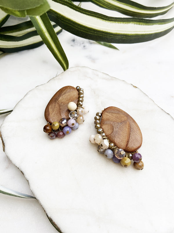 confetti earrings - wood and purple