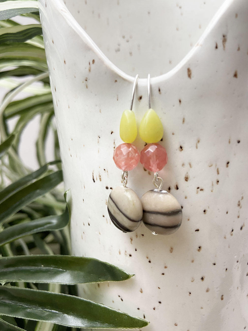zebra jasper and cherry quartz collage earrings