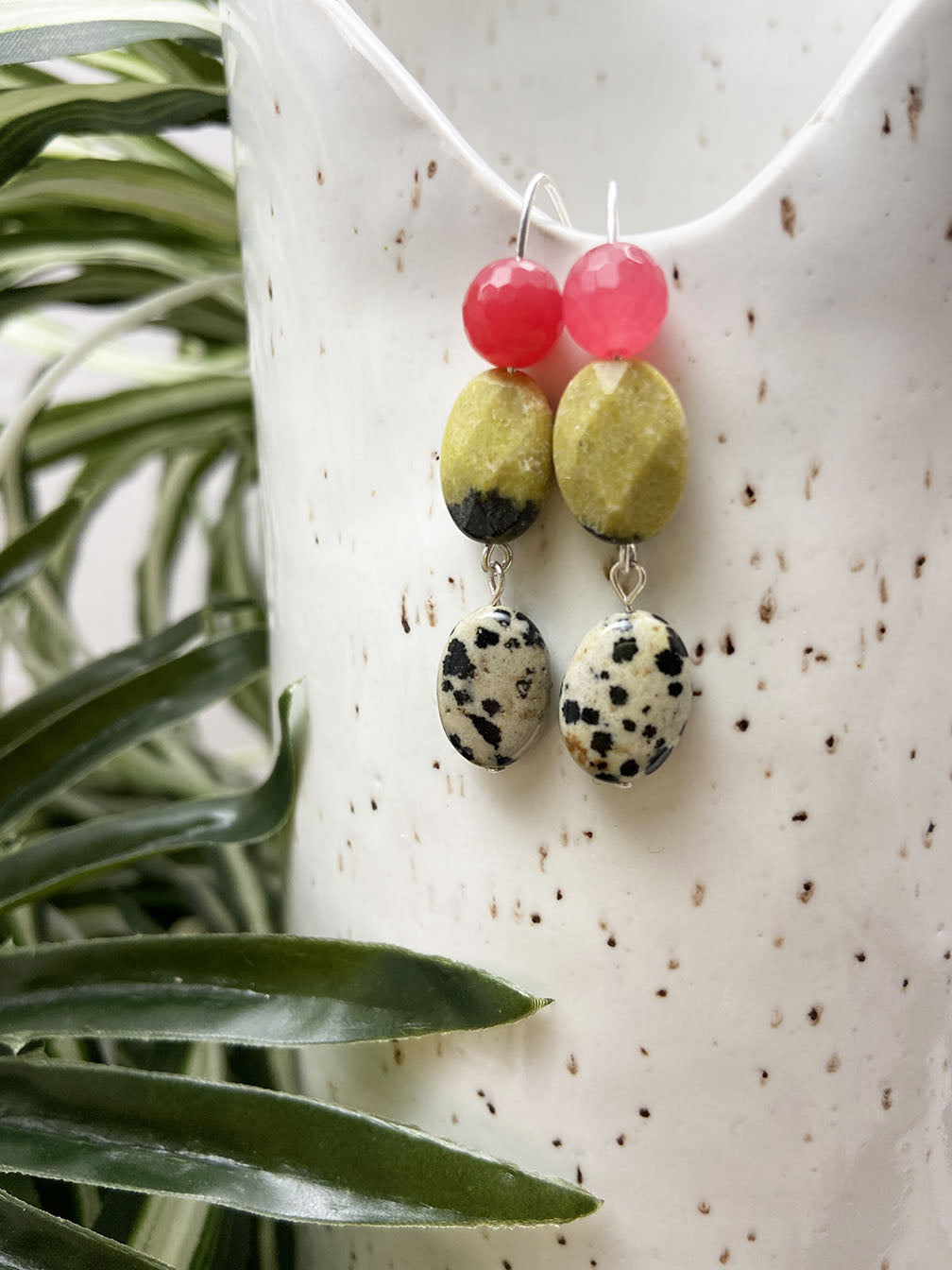 candy jade and dalmatian jasper collage earrings