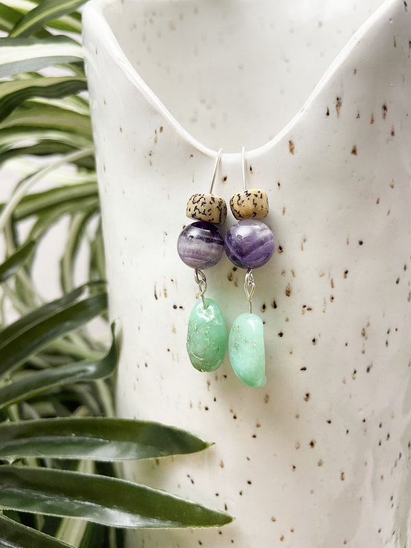 amethyst and chrysoprase collage earrings