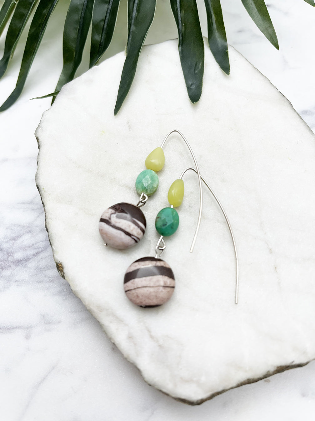 collage earrings  - brown zebra jasper and lemon jade