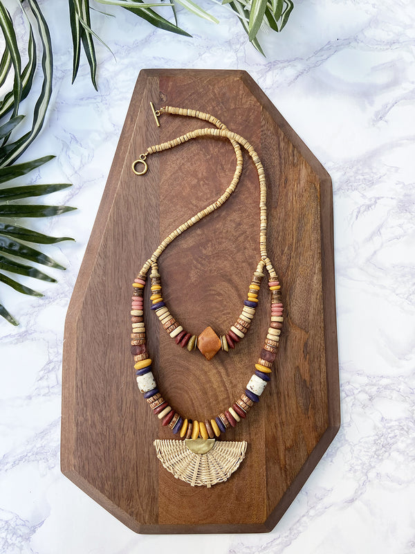 two tier globetrotter necklace - mustard and maroon mix