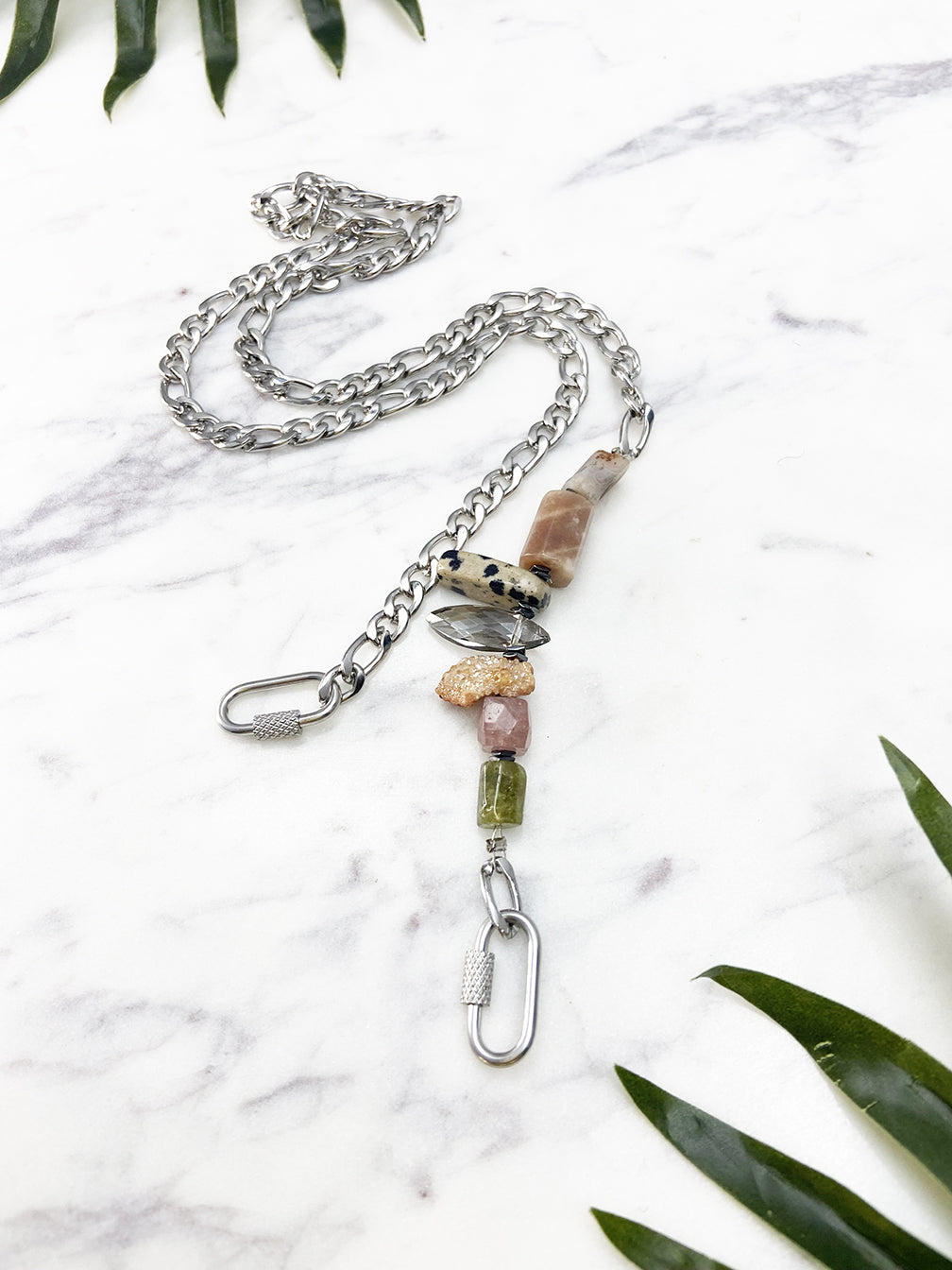 more than a mask chain (silver)- strawberry quartz and grey mix