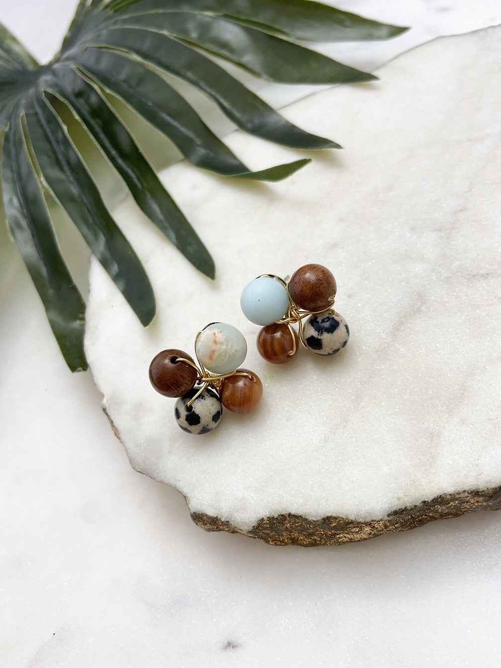 posy earrings - wood and dalmatian jasper