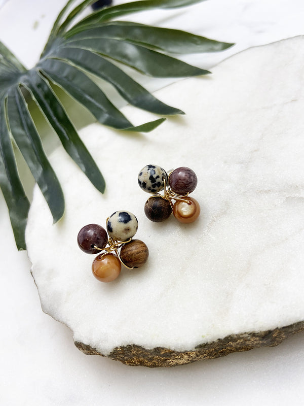 posy earrings - plum, mustard and dalmatian jasper
