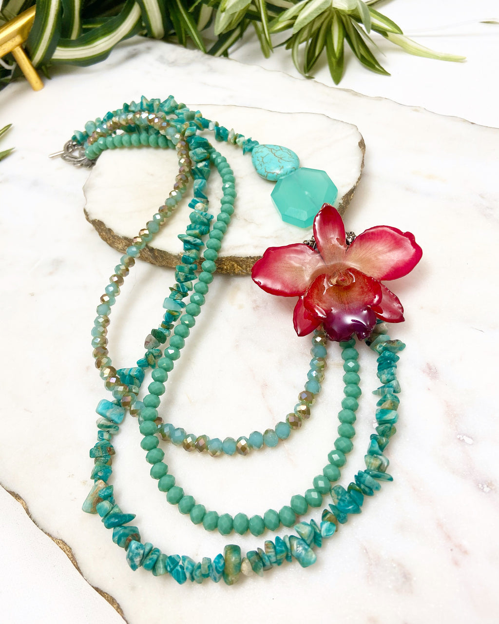 Bloom tiered necklace - Red orchid with turquoise